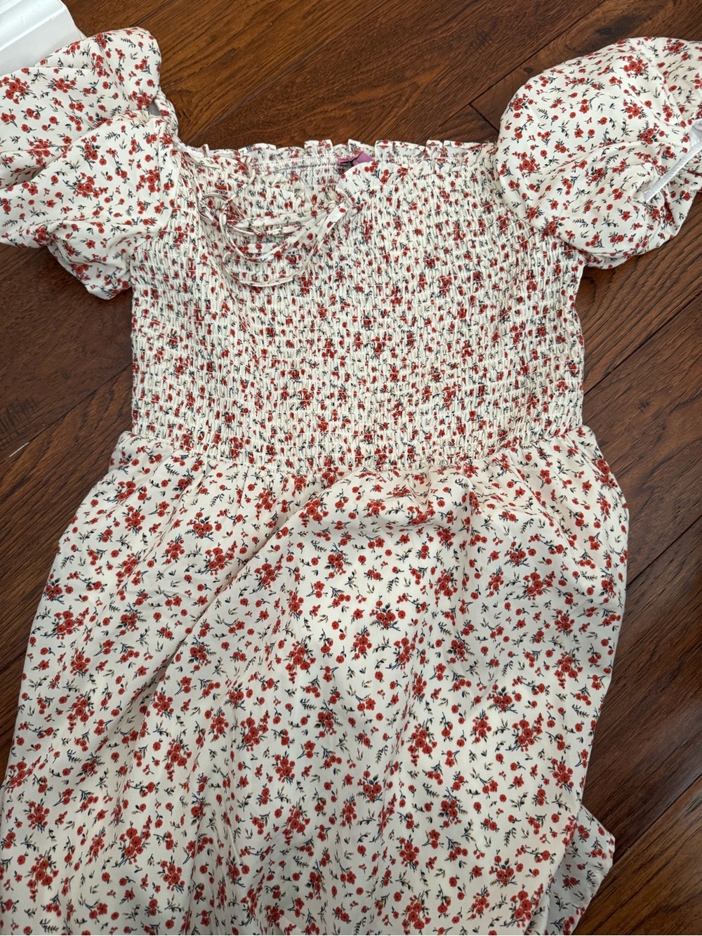 Brand New Smocked Floral Puff Sleeve Dress — White with Red Floral Print